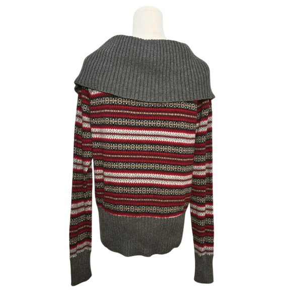 Eddie Bauer Women's Gray Burgundy Fair Isle Collared Cardigan Medium Norwegian - Picture 4 of 6